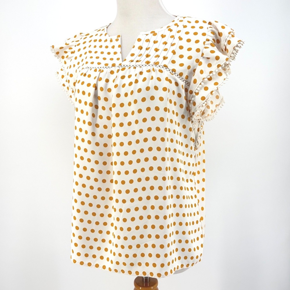 Ann Taylor Blouse Polka Dot Flutter Sleeve Pom Pom Trim Boho Mustard Small